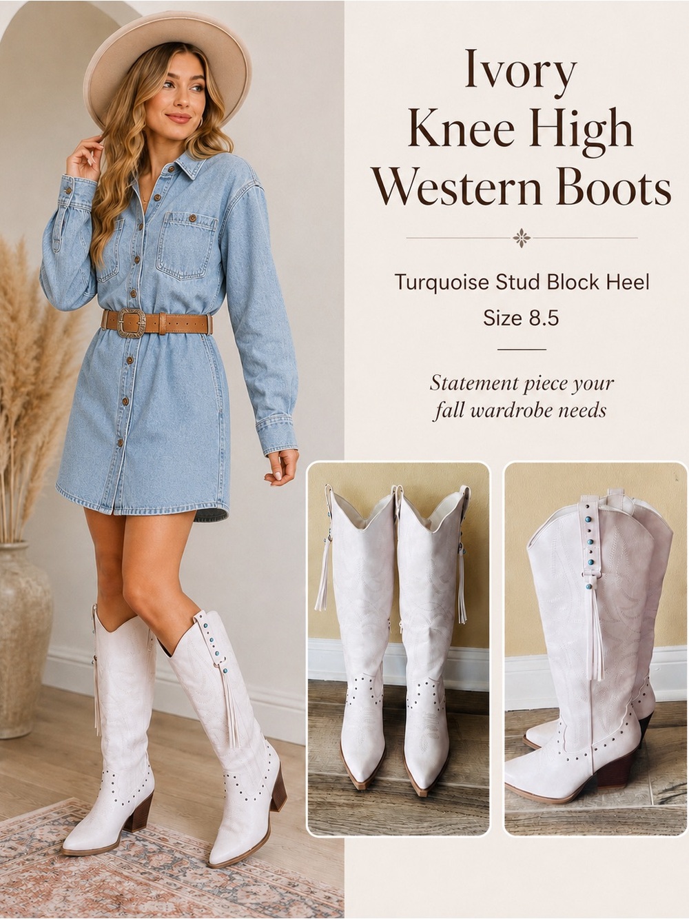 Sugar Ivory Knee-High Western Boots with Turquoise Studs